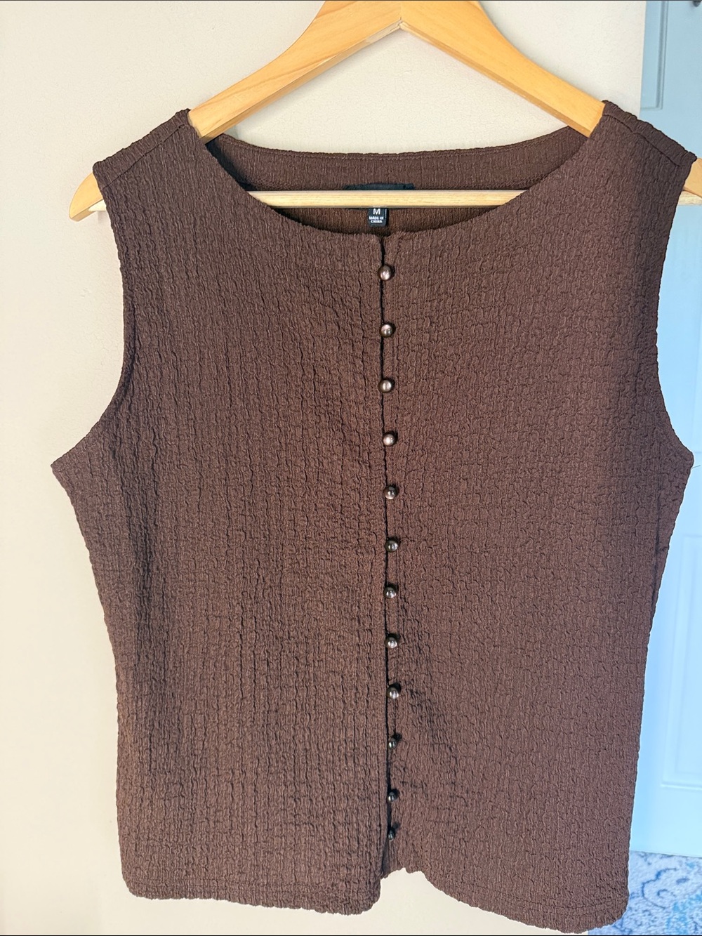 Modern Works chocolate brown sleeveless button front top